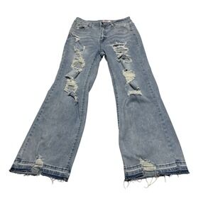 Pink Dove Boutique Womens Jeans 10 Light Blue Distressed Wide‎ Leg Raw Hem Denim
